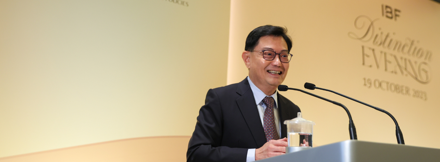 Lawrence Wong speaking at IBF Distinction Evening event on October 19, 2023.